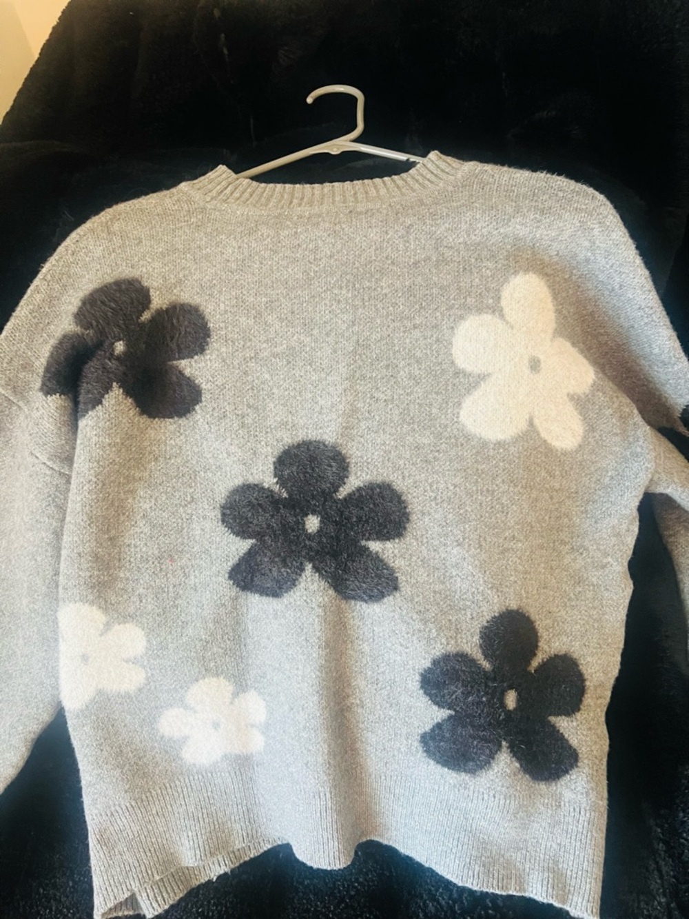 Nanette Lepore Gray Crewneck Sweater with Black and Cream Floral Motif